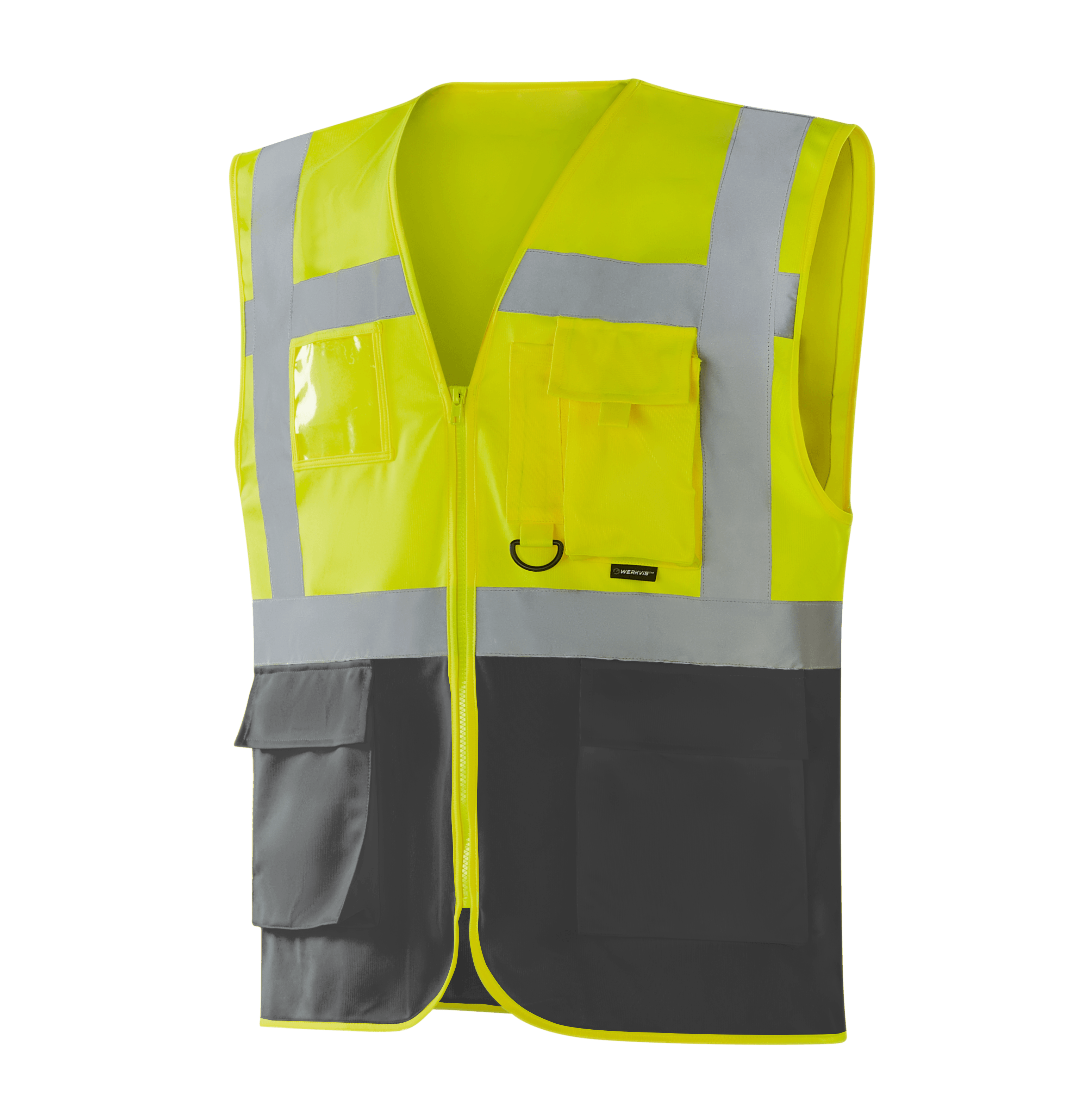Hi-vis yellow-black WV204 MALLORCA vest with multiple functional pockets for tools and IDs